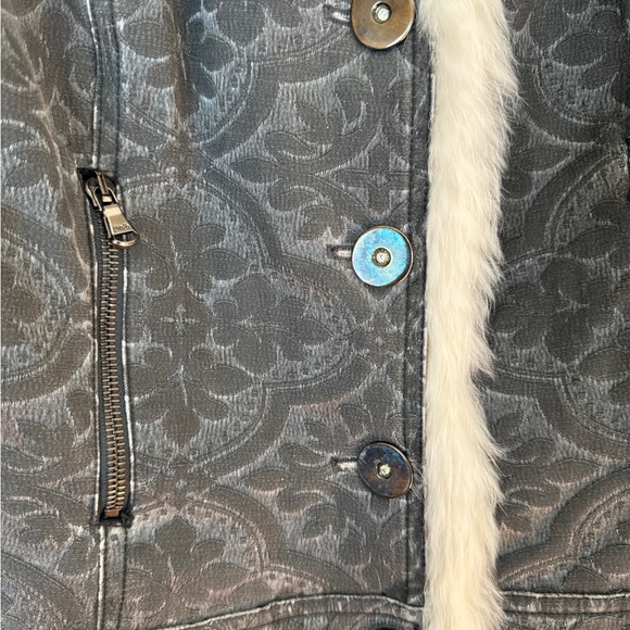 Grey Denim Jacket with White Rabbit Fur lining and White-Grey Goat Fur Collar - Picture 3 of 9